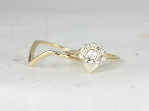 1ct Oana 8x5mm & Femme 14kt Gold Moissanite Diamonds Bezel Crescent Pear Half Halo Bridal Set