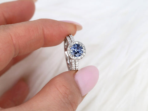 1.07ct Ready to Ship Callie 14kt Gold Icy Cornflower Blue Sapphire Diamonds Round Halo Bridal Set