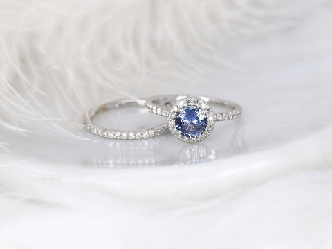 1.07ct Ready to Ship Callie 14kt Gold Icy Cornflower Blue Sapphire Diamonds Round Halo Bridal Set