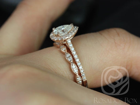 0.75cts Tabitha 7x5mm & Christie 14kt Gold Moissanite Diamonds Pear Halo Bridal Set