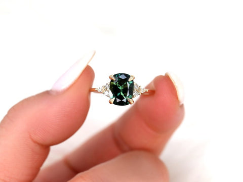 2.93ct Ready to Ship Petite Tinsley 14kt Gold Peacock Teal Sapphire Diamond Cushion Cluster Ring