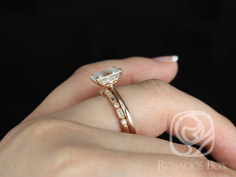 Skinny Norma 9x7mm & Ivanna 14kt Rose Gold Emerald Moissanite Diamond Cathedral Bridal Set