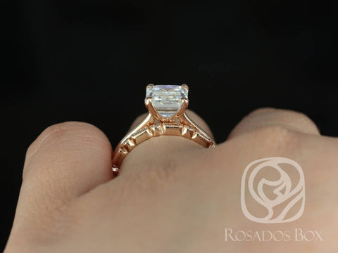 Skinny Norma 9x7mm & Ivanna 14kt Rose Gold Emerald Moissanite Diamond Cathedral Bridal Set