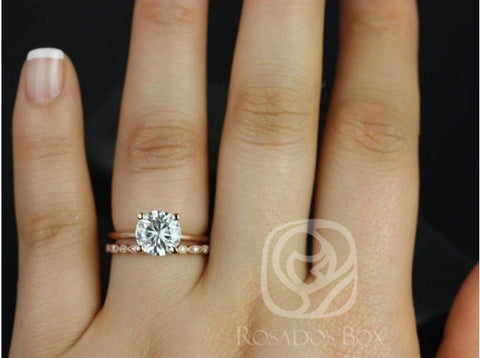 2ct Skinny Alberta 8mm & Gwen 14kt Rose Gold Moissanite Diamond Dainty Round Solitaire Bridal Set