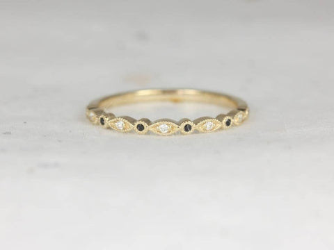 Gwen 14kt ROSE Gold Dainty Rainbow Scalloped Vintage WITH Milgrain Blue Sapphire Diamond HALFWAY Eternity Ring