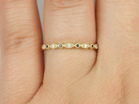 Gwen 14kt ROSE Gold Dainty Rainbow Scalloped Vintage WITH Milgrain Blue Sapphire Diamond HALFWAY Eternity Ring