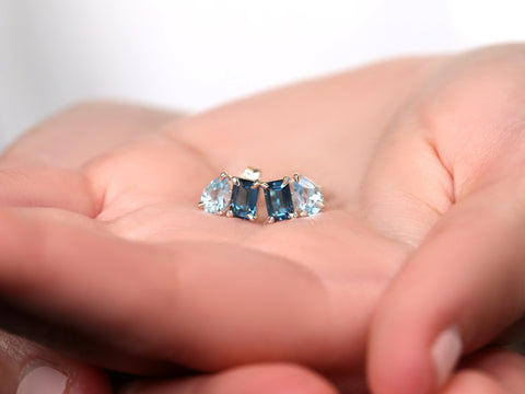 Ready to Ship Gemini SILVER Blue Topaz Toi Et Moi Cluster Earrings,Birthstone Jewelry,Gift For Her,Unique Stud Earrings,Topaz Studs,November