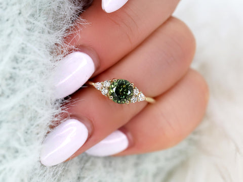 1.47ct Constance 14kt Deep Moss Sapphire Round Cluster Ring,Green Sapphire Ring,Unique Sapphire Ring,Round Engagement Ring,Anniversary Gift