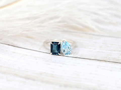 Gemini 8x6mm + 9x6mm 14kt Blue Topaz Toi Et Moi Ring,Two Stone Ring,Promise Ring,Anniversary Ring,Unique Topaz Ring,November Birthstone Ring