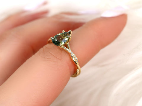1.84ct Petite Tamara 14kt Sage Teal Sapphire Diamond Crossover Pear Cut Ring,Unique Pear Sapphire Ring,Teal Sapphire Ring,Birthstone Ring