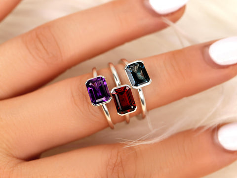 Aeryn 8x6mm 14kt Topaz Emerald Cut Ring, East West Set Ring,Amethyst Sideway Set Ring,Unique Garnet Ring,Birthstone Ring,Gift For Her