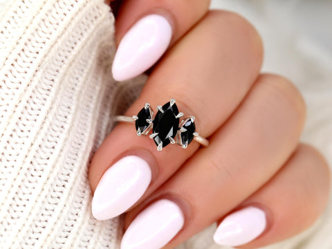 Beckett 10x5mm 14kt Onyx Marquise Three Stone Ring,Marquise Trilogy Ring,Unique Marquise Ring,Marquise Engagement Ring,Onyx Trilogy Ring