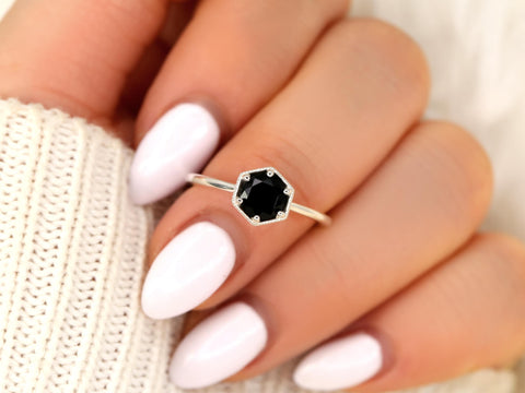Irma 6mm 14kt WITH Milgrain Onyx Hexagon Bezel Set Solitaire Ring,Unique Engagement Ring,Anniversary Ring,Hexagon Ring,Birthstone Ring