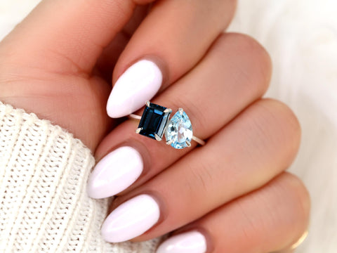 Gemini 8x6mm + 9x6mm 14kt Blue Topaz Toi Et Moi Ring,Two Stone Ring,Promise Ring,Anniversary Ring,Unique Topaz Ring,November Birthstone Ring