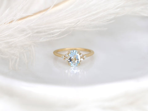 Juniper 8x6mm 14kt Aquamarine Diamond Cluster Ring,Oval Engagement Ring,Unique Aquarmine Ring,Art Deco Ring,Gift For Her,March Birthstone