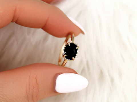 Petyon 8x6mm 14kt Onyx Cushion Solitaire Ring,Faux Halo Ring,Unique Onyx Ring,Onyx Engagement Ring,Cushion Cut Ring,East West Ring