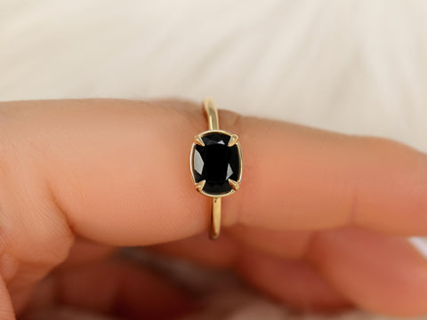 Petyon 8x6mm 14kt Onyx Cushion Solitaire Ring,Faux Halo Ring,Unique Onyx Ring,Onyx Engagement Ring,Cushion Cut Ring,East West Ring
