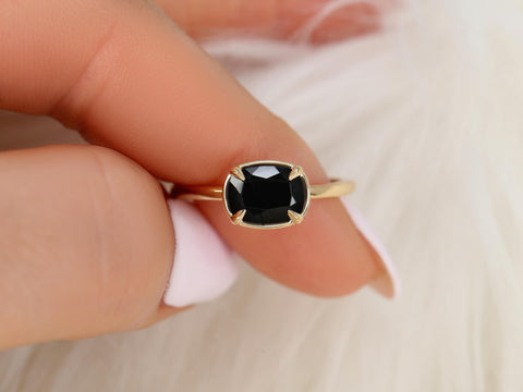 Petyon 8x6mm 14kt Onyx Cushion Solitaire Ring,Faux Halo Ring,Unique Onyx Ring,Onyx Engagement Ring,Cushion Cut Ring,East West Ring
