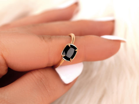 Petyon 8x6mm 14kt Onyx Cushion Solitaire Ring,Faux Halo Ring,Unique Onyx Ring,Onyx Engagement Ring,Cushion Cut Ring,East West Ring