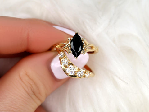 Mara 10x5mm & Saldana 14kt Onyx Celtic Knot Marquise Bridal Set,Unique Triquetra Wedding Ring,Marquise Engagement Ring Set,Anniversary Ring