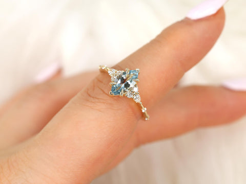 Astrid 10x5mm 14kt Aquamarine Diamond Marquise Cluster Ring,Unique Art Deco Ring,Marquise Engagement Ring,Aquamarine Ring,March Birthstone