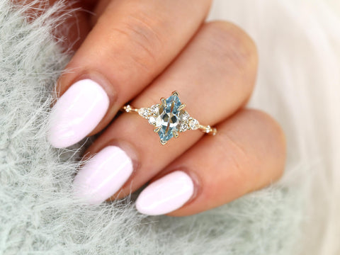 Astrid 10x5mm 14kt Aquamarine Diamond Marquise Cluster Ring,Unique Art Deco Ring,Marquise Engagement Ring,Aquamarine Ring,March Birthstone