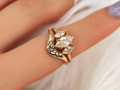 1.50ct Beckett 10x5mm & Ursa 14kt Moissanite Diamond Marquise Three Stone Bridal Set,Marquise Trilogy Wedding Ring Set,Unique Marquise Ring