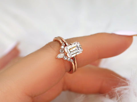 1.75cts Ruth 8x6mm & Kendall 14kt Moissanite Emerald Cut Solitaire Bridal Set,Minimalist Emerald Wedding Set,Unique Emerald Engagement Ring