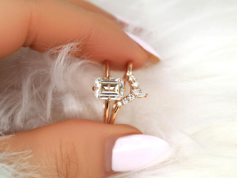 1.75cts Ruth 8x6mm & Kendall 14kt Moissanite Emerald Cut Solitaire Bridal Set,Minimalist Emerald Wedding Set,Unique Emerald Engagement Ring