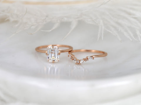 1.75cts Ruth 8x6mm & Azalea 14kt Moissanite Emerald Cut Solitaire Bridal Set,Minimalist Emerald Wedding Set,Unique Emerald Engagement Ring