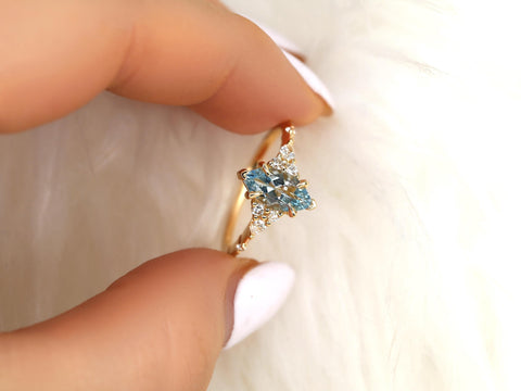 Astrid 10x5mm 14kt Aquamarine Diamond Marquise Cluster Ring,Unique Art Deco Ring,Marquise Engagement Ring,Aquamarine Ring,March Birthstone