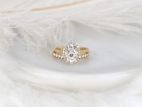 2ct Electra 9x7mm 14kt Moissanite Diamond Unique Halo Bridal Set,Shield Halo Ring Set,Oval Engagement Ring,Oval Wedding Ring Set