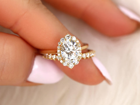 2ct Electra 9x7mm 14kt Moissanite Diamond Unique Halo Bridal Set,Shield Halo Ring Set,Oval Engagement Ring,Oval Wedding Ring Set