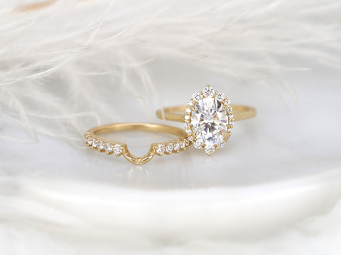 2ct Electra 9x7mm 14kt Moissanite Diamond Unique Halo Bridal Set,Shield Halo Ring Set,Oval Engagement Ring,Oval Wedding Ring Set