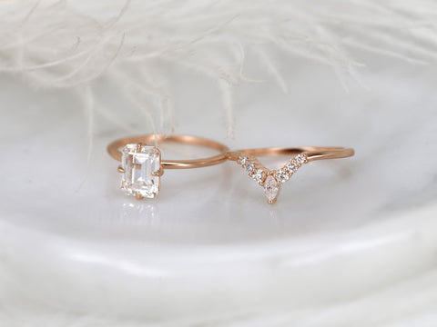 1.75cts Ruth 8x6mm & Kendall 14kt Moissanite Emerald Cut Solitaire Bridal Set,Minimalist Emerald Wedding Set,Unique Emerald Engagement Ring