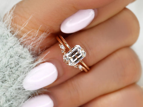 1.75cts Ruth 8x6mm & Azalea 14kt Moissanite Emerald Cut Solitaire Bridal Set,Minimalist Emerald Wedding Set,Unique Emerald Engagement Ring