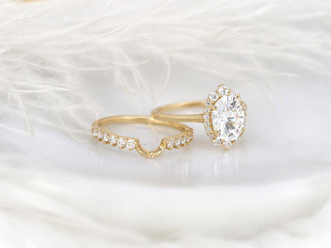 2ct Electra 9x7mm 14kt Moissanite Diamond Unique Halo Bridal Set,Shield Halo Ring Set,Oval Engagement Ring,Oval Wedding Ring Set