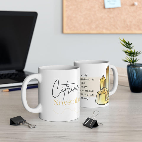 November Birthstone Mug, Citrine Gemstone Cup, Yellow Crystal Coffee Mug, Scorpio Sagittarius Gift, Birthday Mug