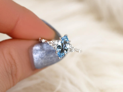 Astrid 10x5mm 14kt Aquamarine Art Deco Ring,Marquise Engagement Ring,Aquamarine Cluster Ring,March Birthstone,Birthday Gift,Anniversary