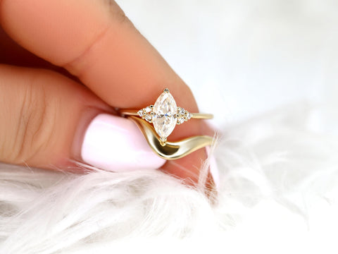 1ct Charlie 10x5mm marquise moissanite engagement ring with a curved 14kt gold wedding band, elegant bridal set
