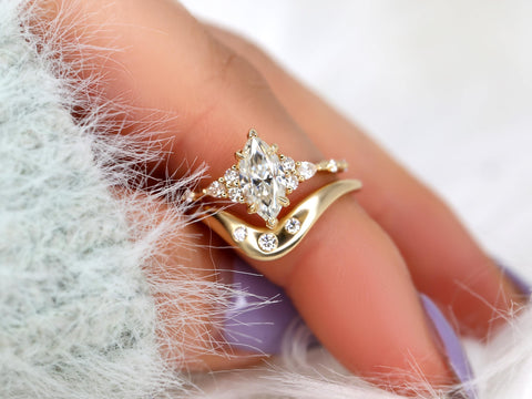 1ct Astrid & Tetra 14kt Gold Diamond Marquise Cluster Wedding Ring Set,Dainty Unique Art Deco Ring,Diamond Engagement Ring,Marquise Ring Set
