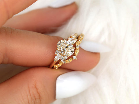 1ct Wisteria & Mega Gaia 14kt Diamond Cluster Bridal Set,Art Deco Floral Engagement Ring Set,Unique Oval Cut Wedding Rings,Anniversary Ring