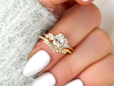 1ct Wisteria & Lonnie 14kt Gold Diamond Cluster Bridal Set,Art Deco Floral Engagement Ring Set,Unique Oval Cut Wedding Ring,Push Present