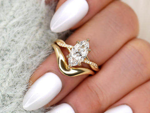 1.50ct Petite Tula 12x6mm & Merida 14kt Diamond Crossover Marquise Bridal Set on middle finger
