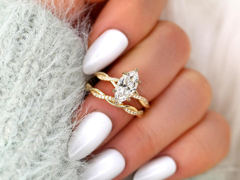 1.50ct Petite Tula 12x6mm 14kt Diamond Crossover Marquise Bridal Set,Twisted Marquise Engagement Ring Set,Unique Marquise Wedding Rings