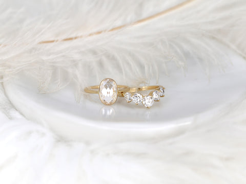 rose cut moissanite oval bezel ring with 5 stone wedding ring on white background sideview and front