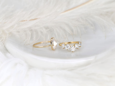 rose cut moissanite oval bezel ring with 5 stone wedding ring on white background sideview