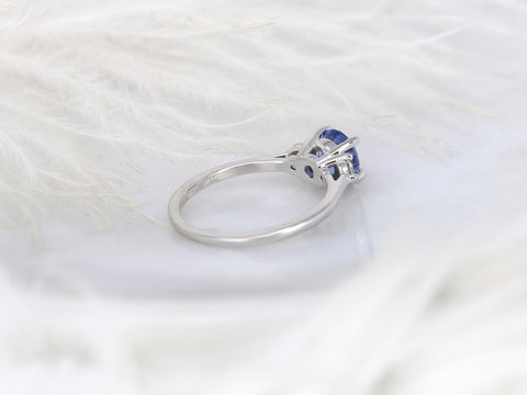 cornflower blue sapphire trilogy ring white background backview