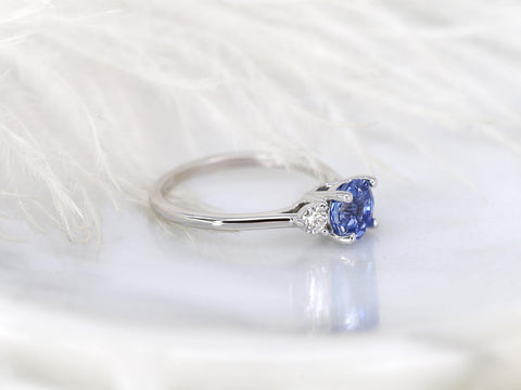 cornflower blue sapphire trilogy ring white background sideview