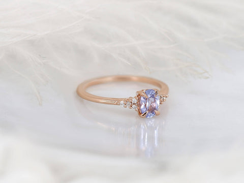 oval cluster sapphire ring with lavender sapphire in rose gold with white background angle right view